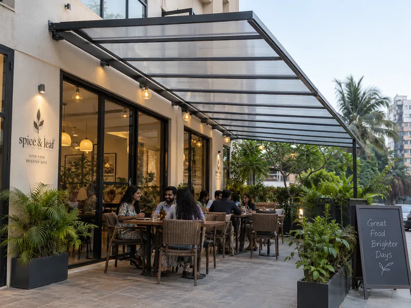 Polycarbonate lean-to patio awning over a restaurant patio with lights under the frame