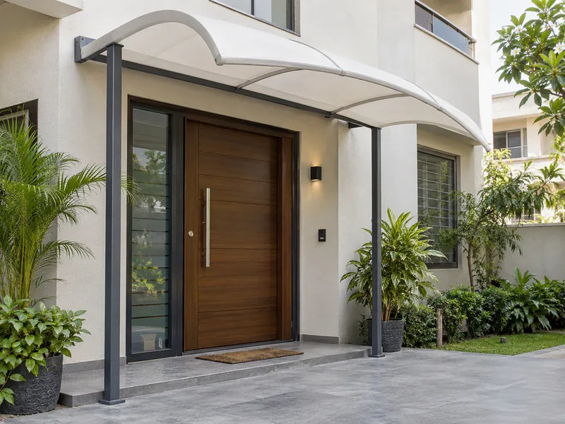 White curved fabric porch canopy on grey steel posts outside the main door of a house