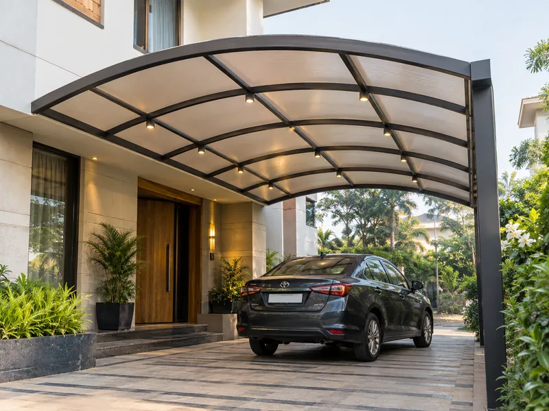Fabric portico canopy over a villa's car drop-off point with lights under the frame