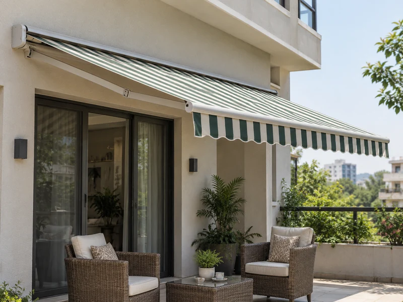 Striped retractable awning rolled out on folding arms over a home patio with outdoor chairs