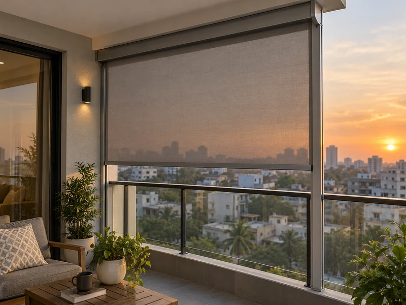 Half-lowered roll-down screen on side channels at a balcony, blocking low evening sun