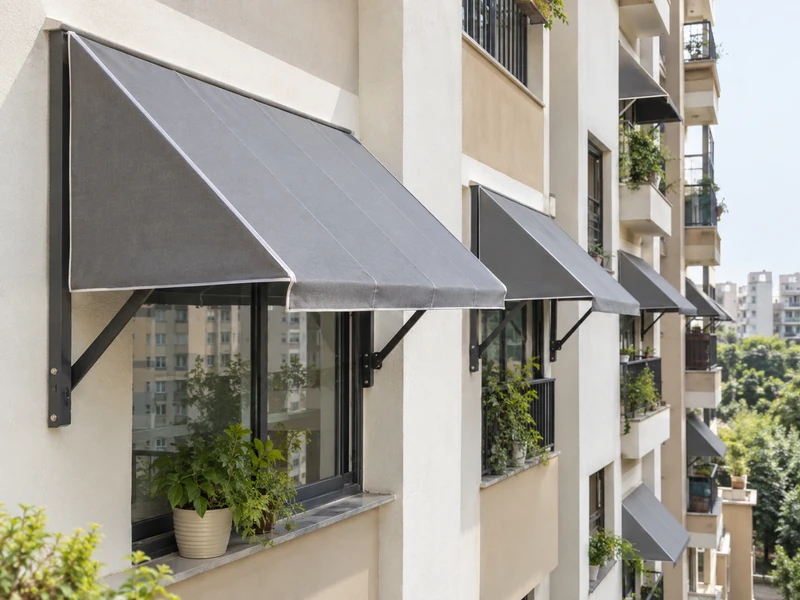 Row of matching fabric window awnings on the front of a Delhi apartment block