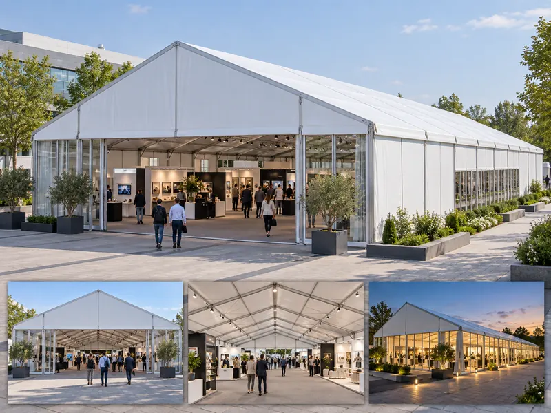 White commercial exhibition hangar tent with open entrance, trade fair stalls and interior and evening views