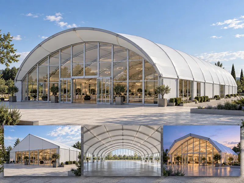 Custom aluminium hangar tent with curved roof and glass entrance, with A-frame, interior and polygonal roof views