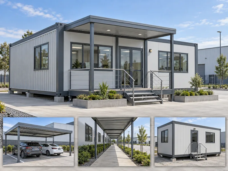 Prefabricated office container with parking shed, covered walkway and porta cabin views
