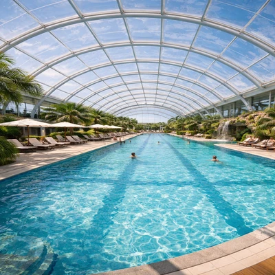 ETFE swimming pool roof structure with transparent membrane enclosure