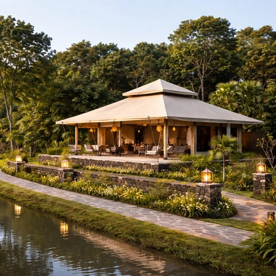 Resort glamping tent structure for high-end hospitality and leisure stays