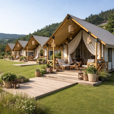 Safari glamping lodge tent designed for wildlife resorts and nature retreats