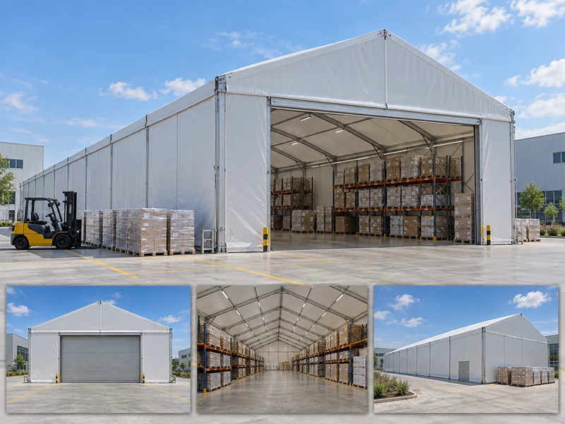 Industrial warehouse tent with loading entrance, pallet racks and exterior and interior views