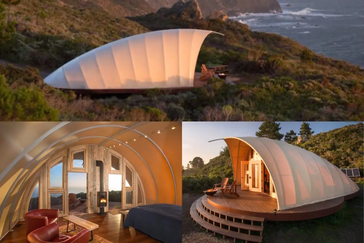 A dome-shaped cocoon glamping tent perched on a hillside, offering a unique outdoor living experience.