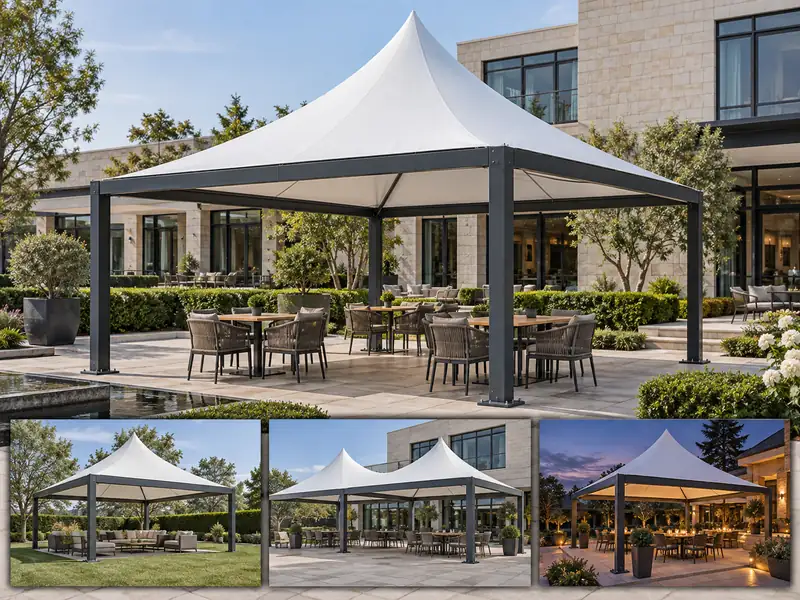 White pagoda tent with charcoal mild-steel frame and three garden and terrace seating setups