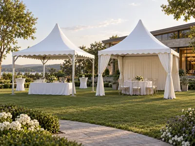 Two aluminium frame pagoda tents in an outdoor event setup, one open and one with curtains