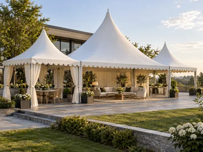 Custom-designed connected white pagoda tents with scalloped frill and outdoor lounge seating
