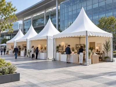 White pagoda exhibition tents with display counters outside a convention centre