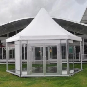 Hexagonal pagoda tent structure with unique architectural design for premium events