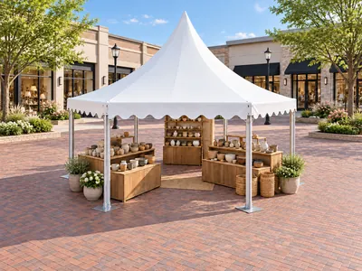 White hexagonal pagoda tent with scalloped frill used as an outdoor ceramics shop
