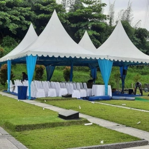Modular pagoda tent system designed for flexible event layouts and exhibition spaces