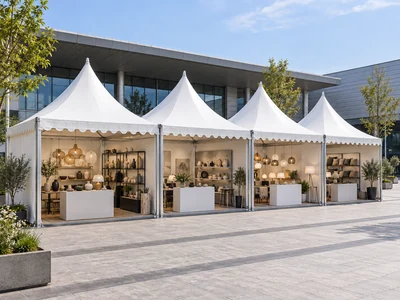 Connected white pagoda tents arranged as outdoor exhibition stalls with display counters