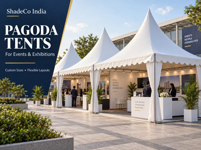 ShadeCo India Pagoda Tents poster featuring outdoor exhibition tents and custom layout options