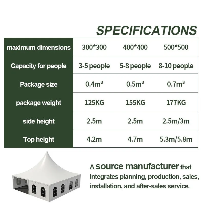 Pagoda tent specifications chart showing size dimensions capacity and height details for event tents