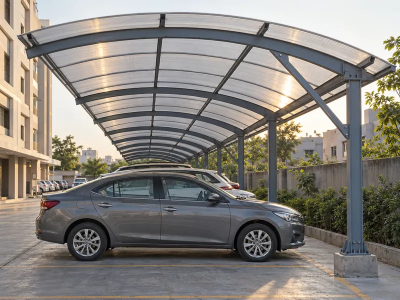 Long arch-type car parking shed with a curved polycarbonate roof over a row of parked cars