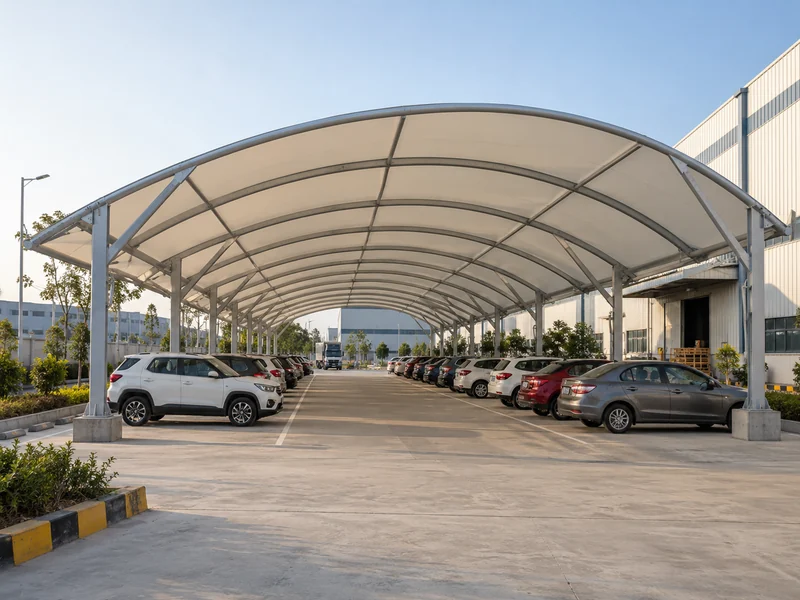 Wide-span arched parking shed covering two rows of cars and the aisle between them at a factory