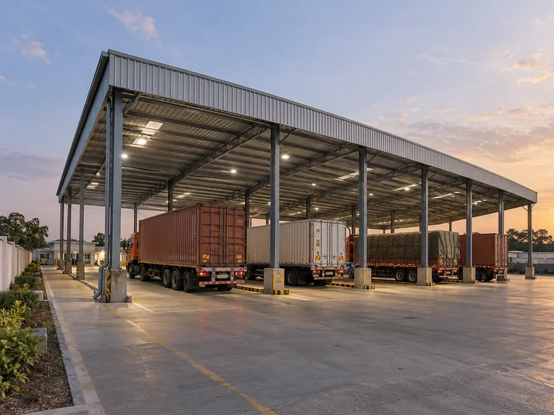 Truck parking shed with a high metal roof at a logistics yard, with trucks reversing into the bays