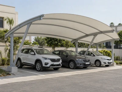 Arched fabric car parking roof with curved steel rafters and side columns