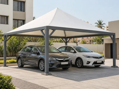 Pyramid fabric parking roof on corner steel posts with diagonal bracing