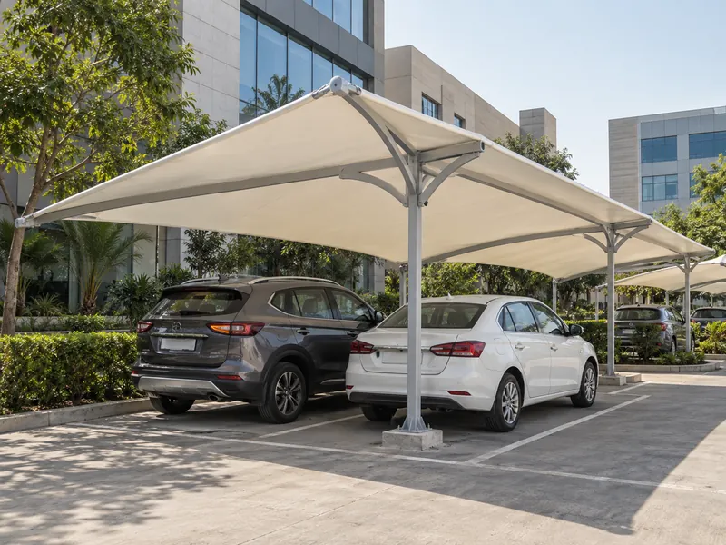 Double-bay parking shade design showing the roof and surrounding space