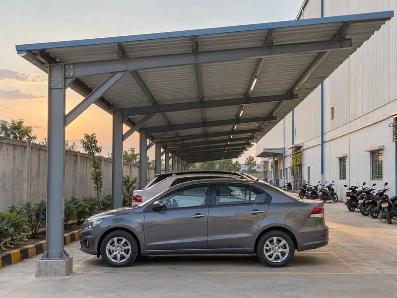 Metal-roofed industrial parking shed over staff cars and two wheelers along a factory boundary wall