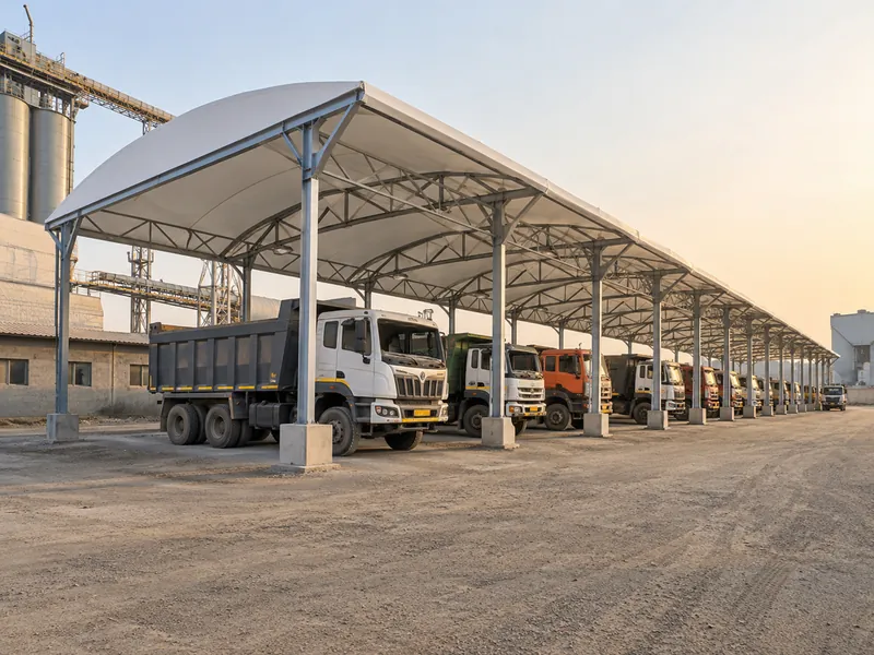 Long industrial parking shed in a dusty plant yard with trucks parked under a high section