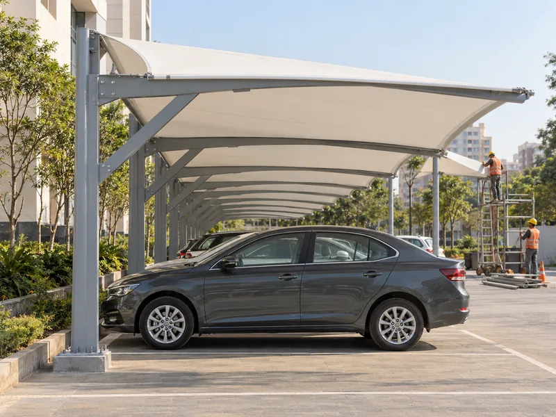 Row of identical modular parking shade units over cars, with one new unit being added at the end