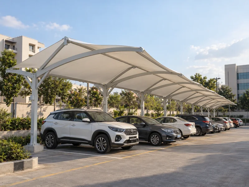 Modular fabric parking units bolted to steel base plates in a car park, showing repeat sections
