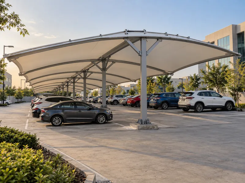 Back-to-back multi-bay shed covering two rows of cars with a central column line in an office car park