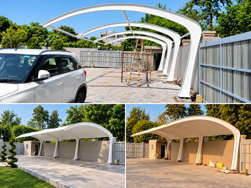 Curved steel frame and finished fabric canopies as installation references for modular parking shade structure