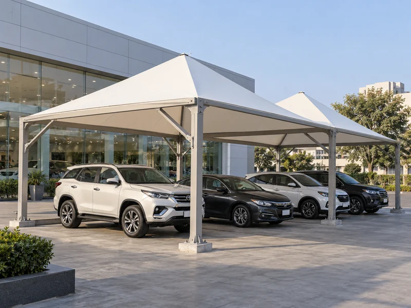 Pair of pyramid parking modules in front of a car showroom, each with four sloping fabric faces