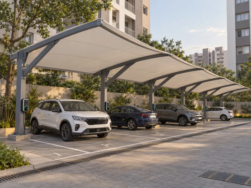 Numbered resident parking bays under a shade with EV charging points on the columns