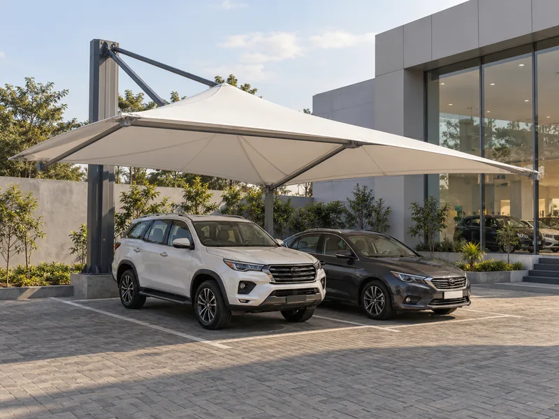 Side-mast umbrella parking shade covering two cars at a showroom, with the mast set behind the bays