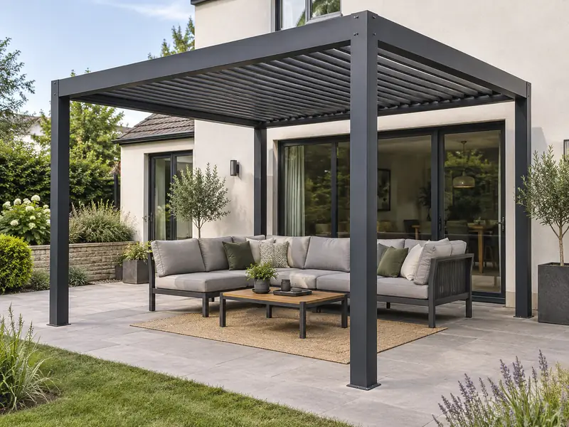 Charcoal aluminium pergola with a slatted roof over outdoor lounge seating