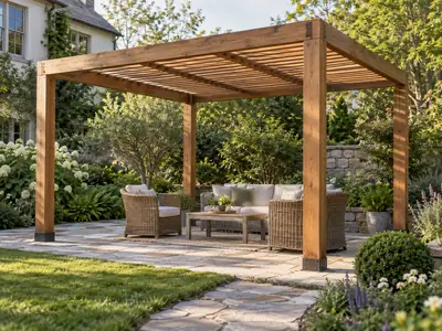 Wood-finish garden pergola with wicker seating beside a lawn and planted borders