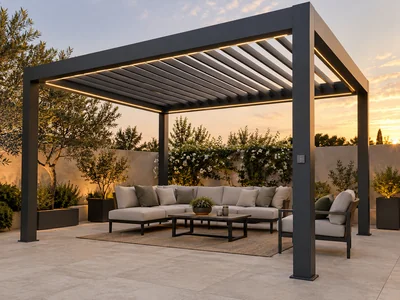 Motorized pergola with adjustable roof louvers, a post-mounted control and integrated lighting
