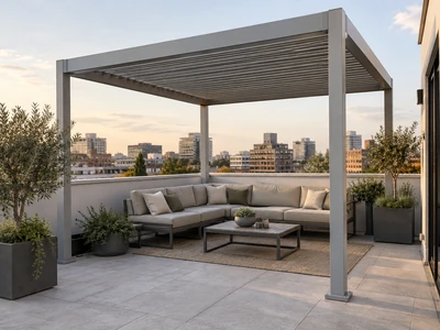 Light grey slatted pergola covering rooftop lounge seating with a city view