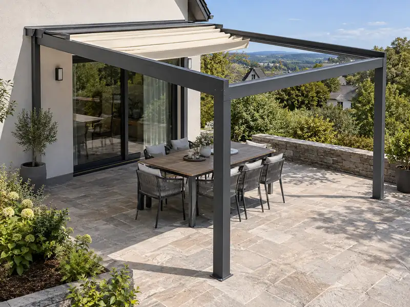 Retractable pergola with a partially folded cream fabric roof above outdoor dining