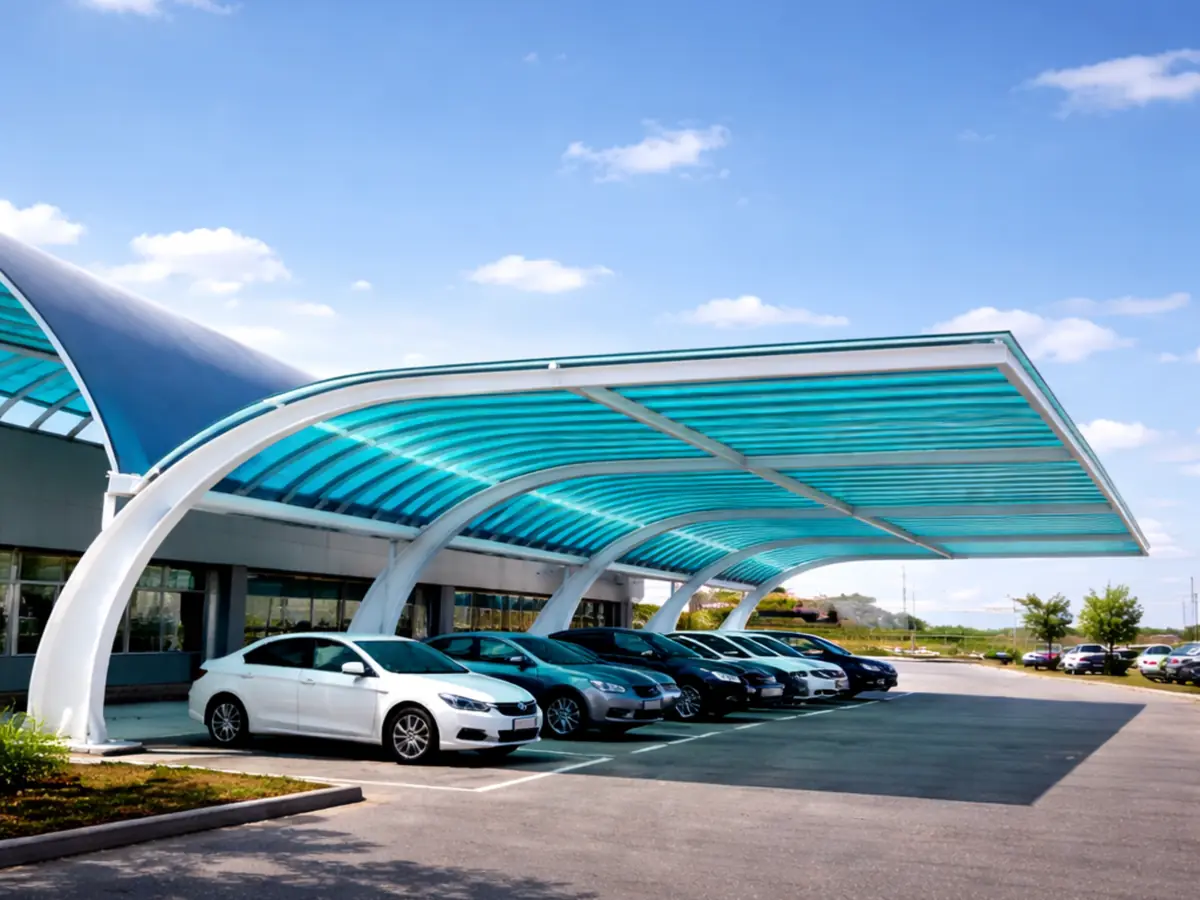 Polycarbonate car parking shed structure protecting vehicles from sunlight, rain and harsh weather