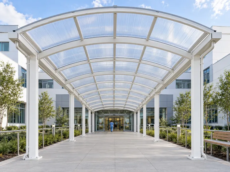 Covered hospital walkway design showing the roof and surrounding space