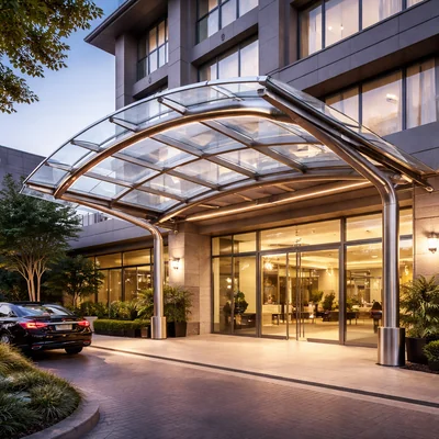 Modern building entrance canopy with polycarbonate roofing and steel support structure