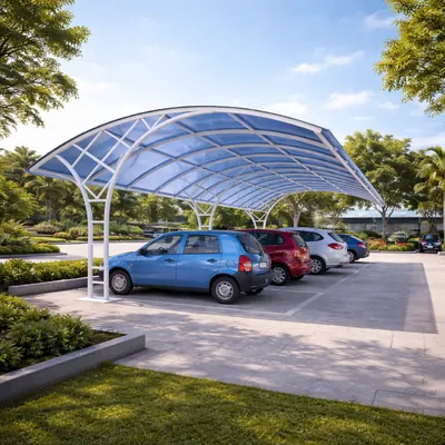 Durable polycarbonate car parking canopy structure with steel frame for vehicle protection