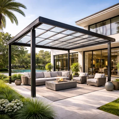 Outdoor polycarbonate pergola roof structure for garden, patio and terrace seating areas