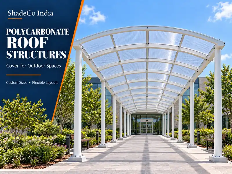 ShadeCo India Polycarbonate Roof Structures poster showing the front view of a covered walkway